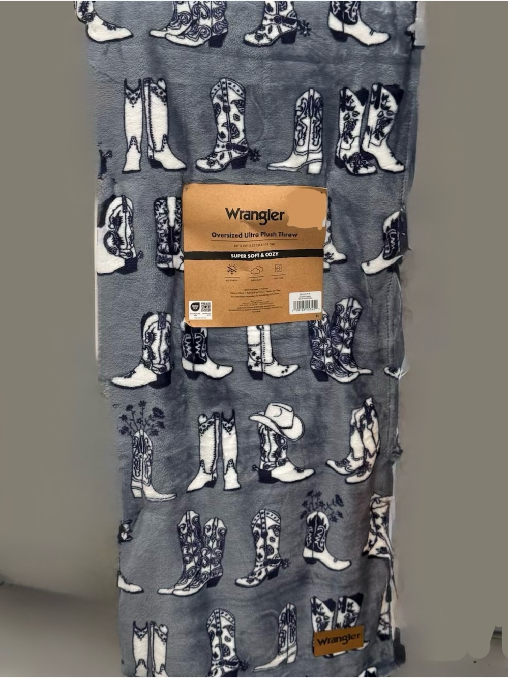 Wrangler Blue Cowgirl Boot Plush Throw Blanket with Flowers